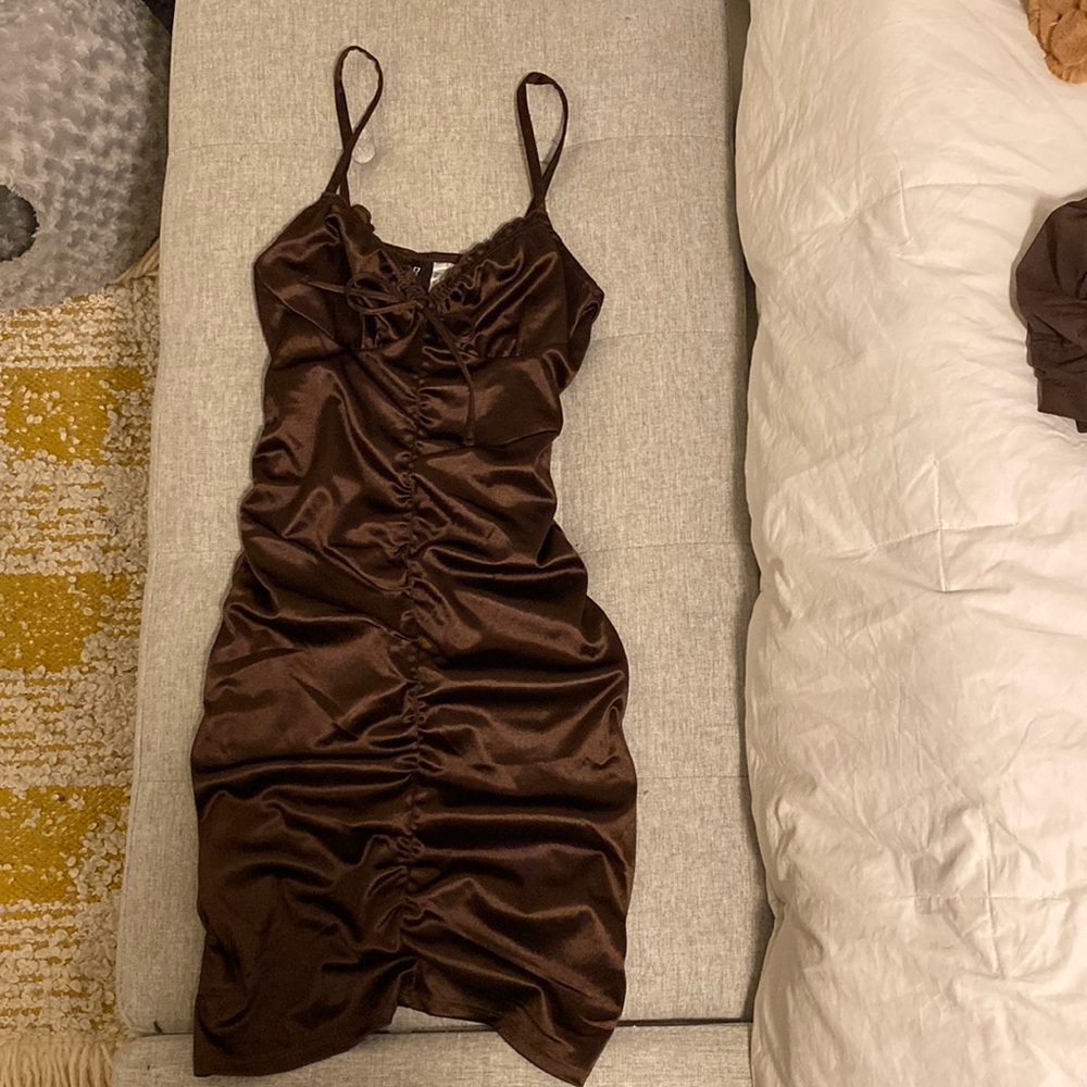 Brown ruched silky mini dress